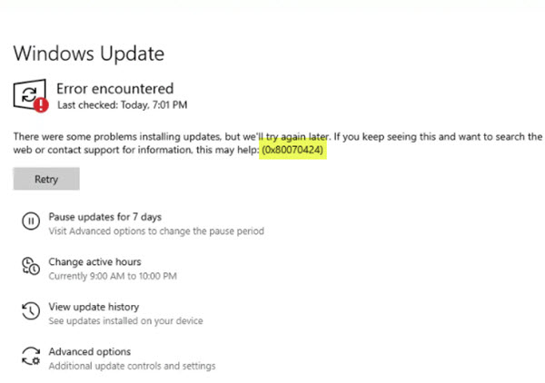 Windows Update error 0x80070424