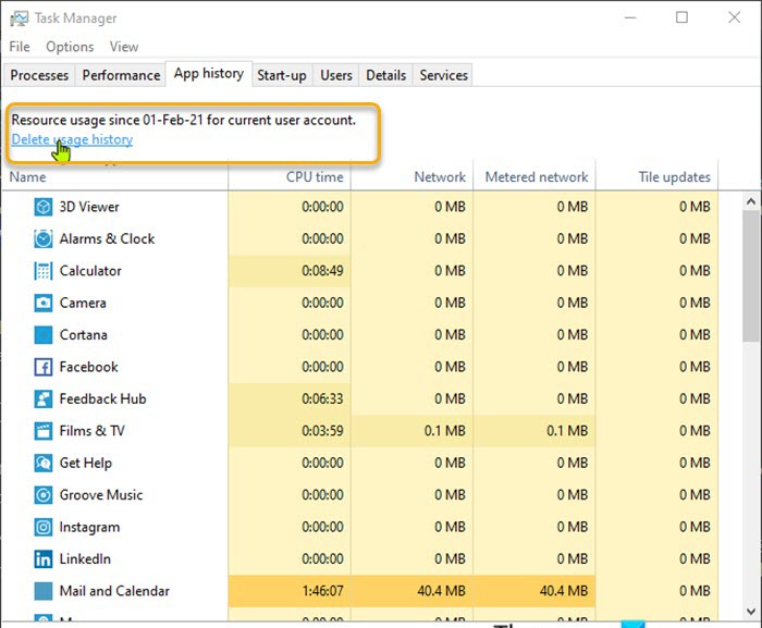 Delete Windows Store apps usage history