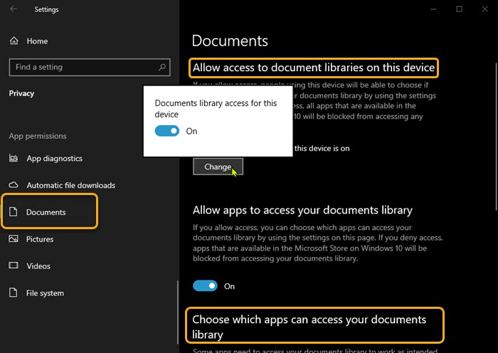 Prevent apps access to Documents Library via Settings app