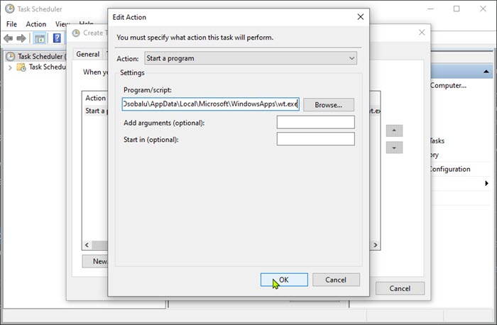 Create task in Task Scheduler to open Windows Terminal app